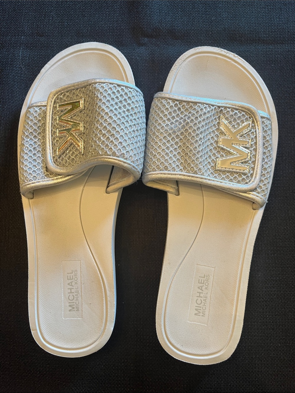 Michael Kors Metallic Silver Logo Slide Sandals